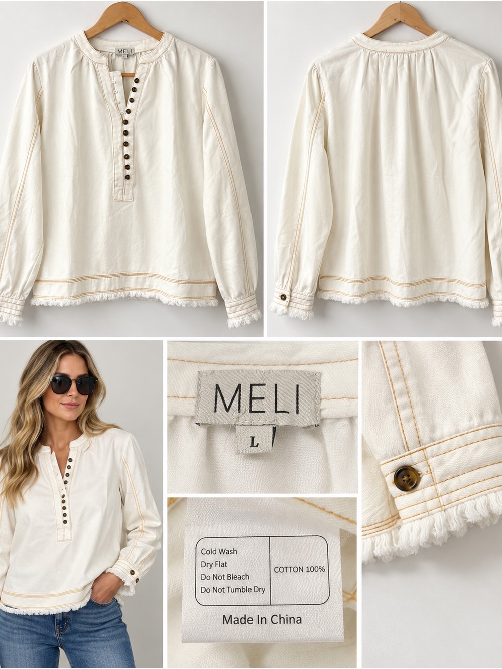 Ivory Cotton Button-Front Peasant Blouse